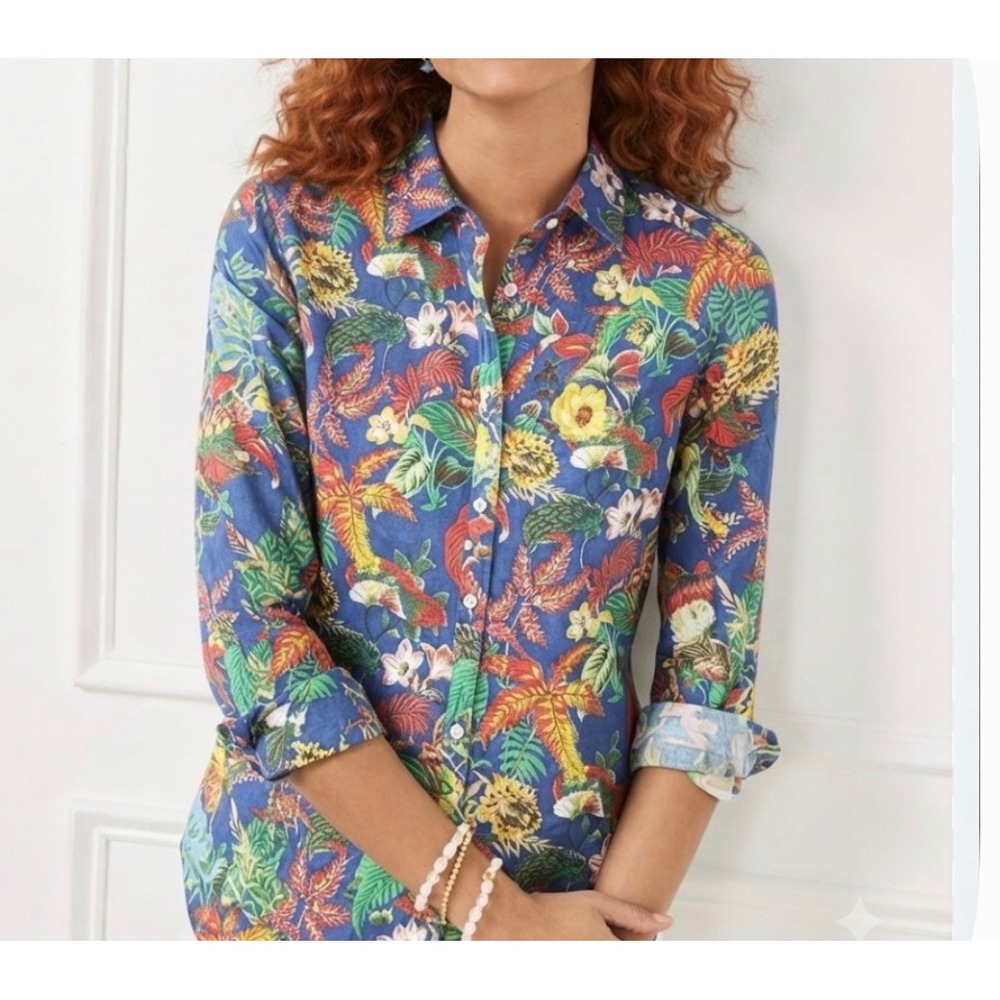 Talbots Womens Small Blue Tropical Floral Cotton Roll Up Sleeve Button Down Top